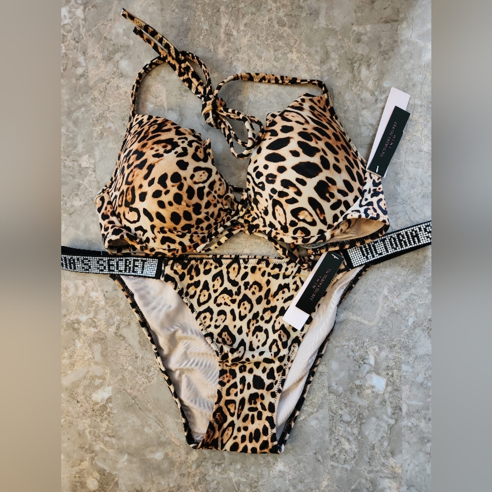 32C/M VS Swim Ruffle PushUp Bikini Top Shine Strap Bikini Set Leopard
